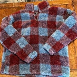 Women’s Eddie Bauer, blue and maroon plaid fleece pull over size M